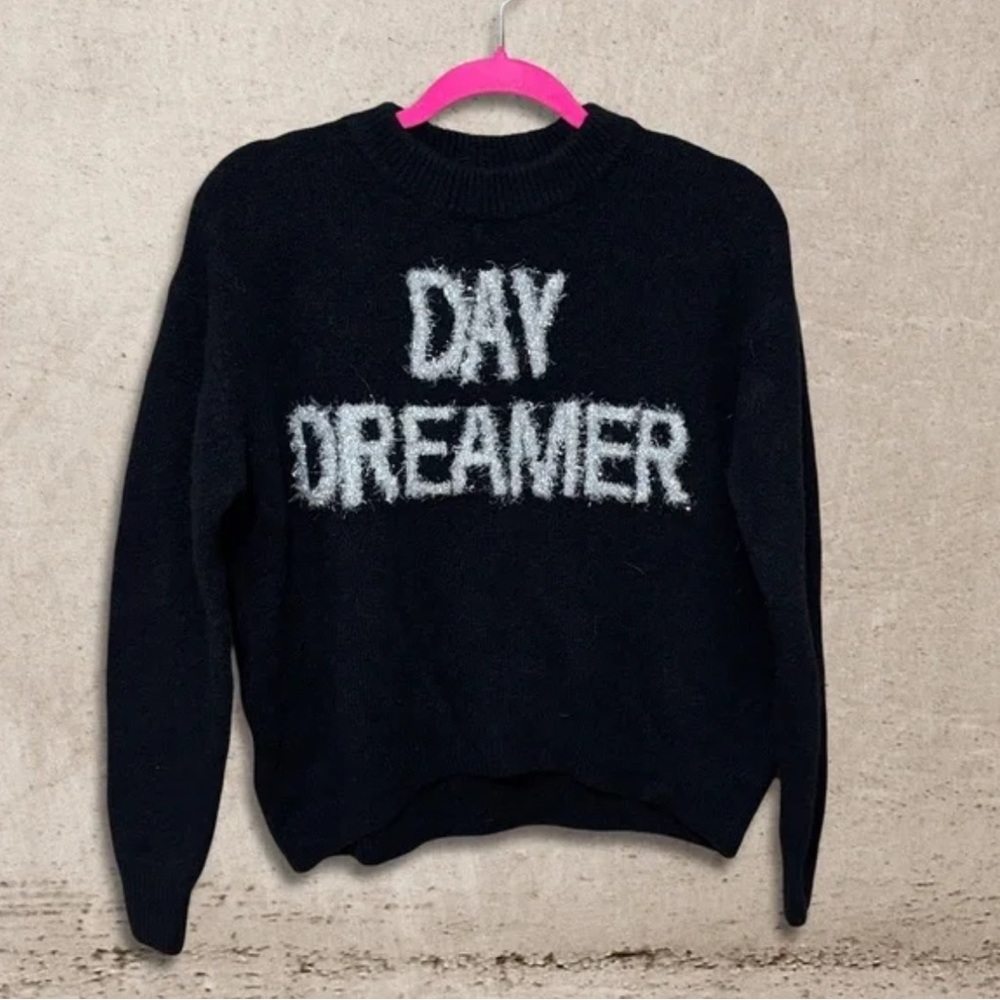 H&M Black and Silver Crew Neck Sweater with Textured Text